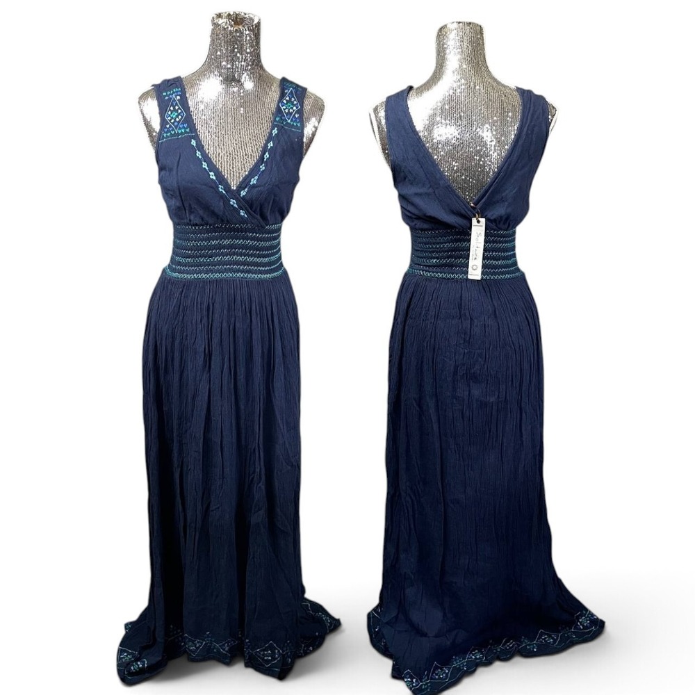 Solitaire Blue Cotton Embroidered Smocked Maxi Dress Fairycore Renaissance XS